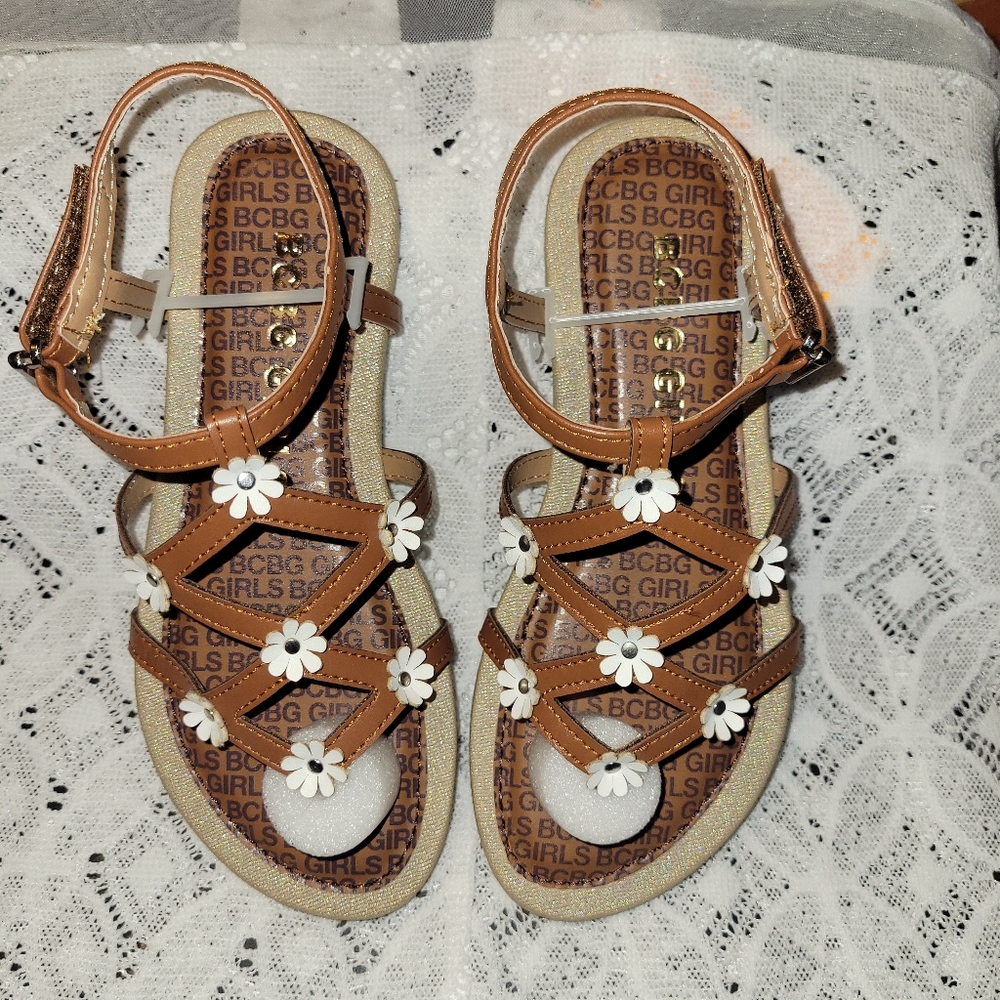 BCBG Girls Brown Sandals with White Floral Accents. New In Box